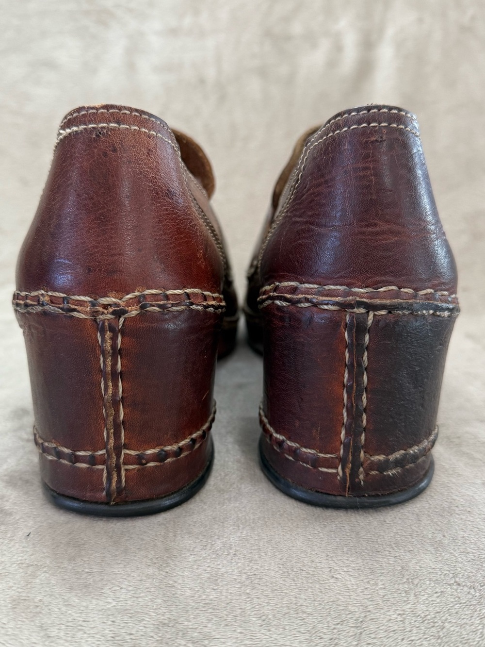 * Vintage Leather Chunky Heel Loafers Bold Stitching - Picture 4 of 12